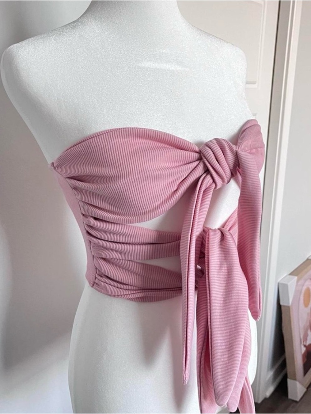 Shein Pink Ribbed Strapless Tie-Front Crop Top